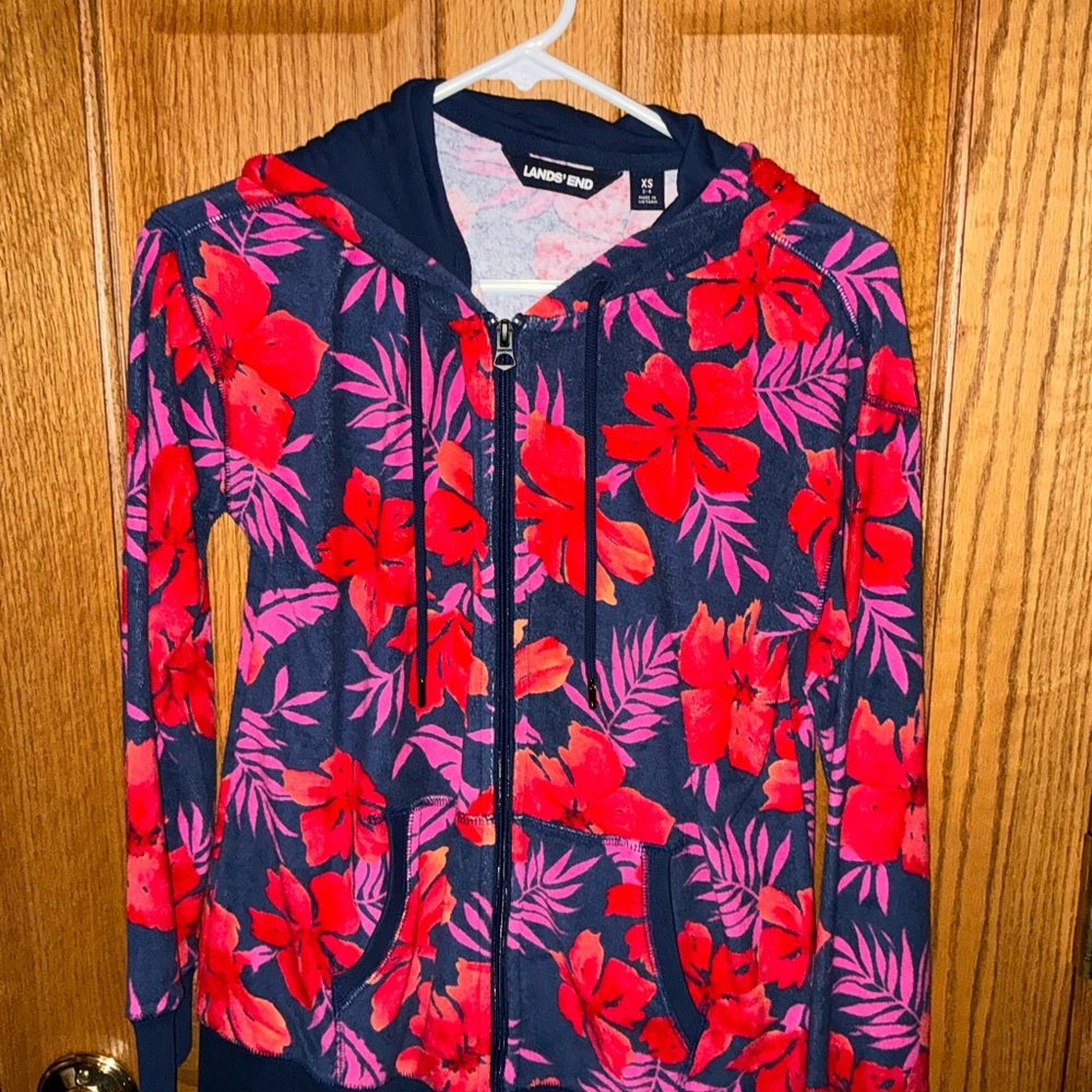 Lands' End Women's Navy Floral Zip Hoodie -